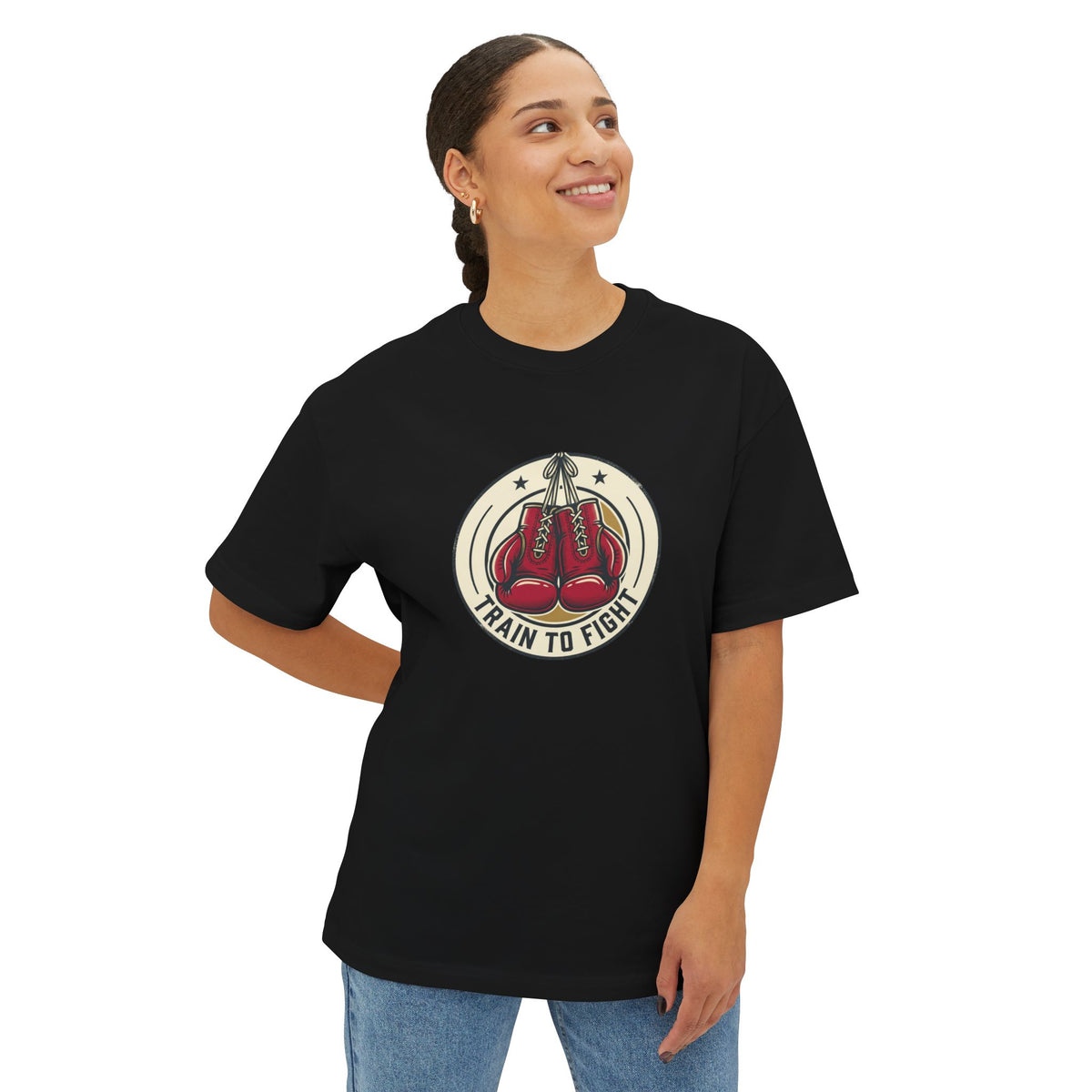 Train to Fight Graphic Tee — Boxing Gloves Badge & Rifle Heart Back Print