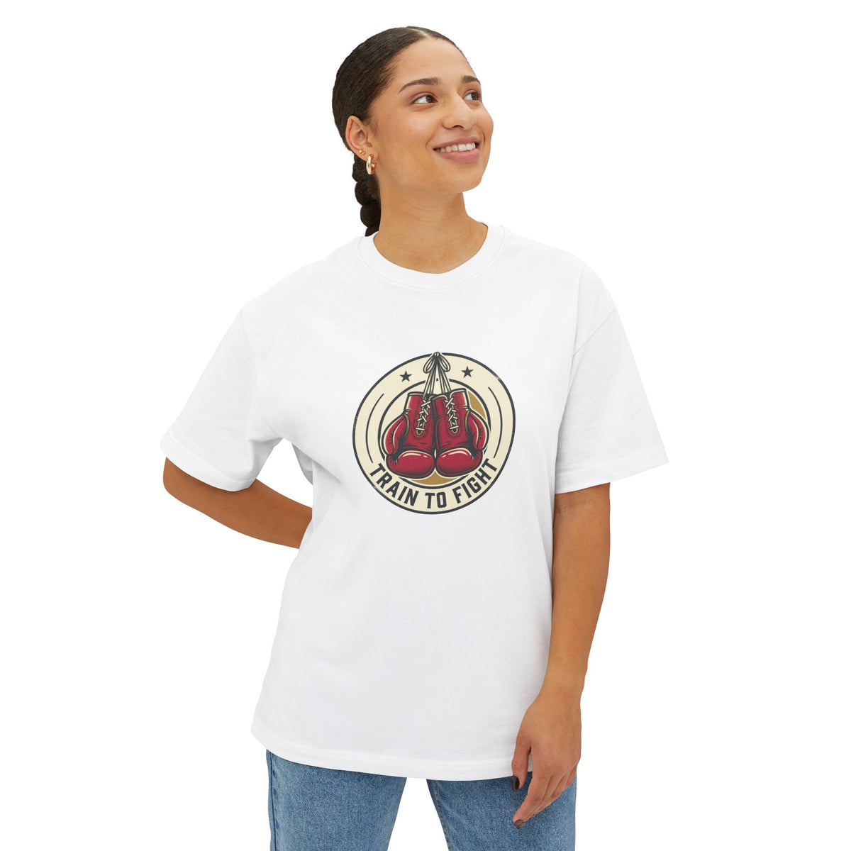 Train to Fight Graphic Tee — Boxing Gloves Badge & Rifle Heart Back Print
