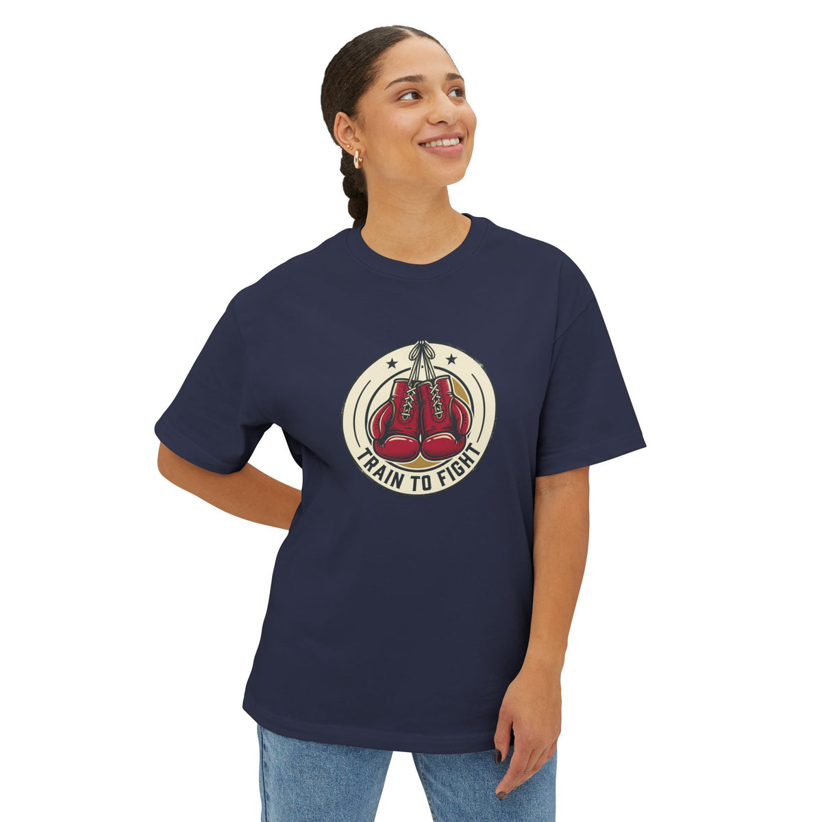 Train to Fight Graphic Tee — Boxing Gloves Badge & Rifle Heart Back Print