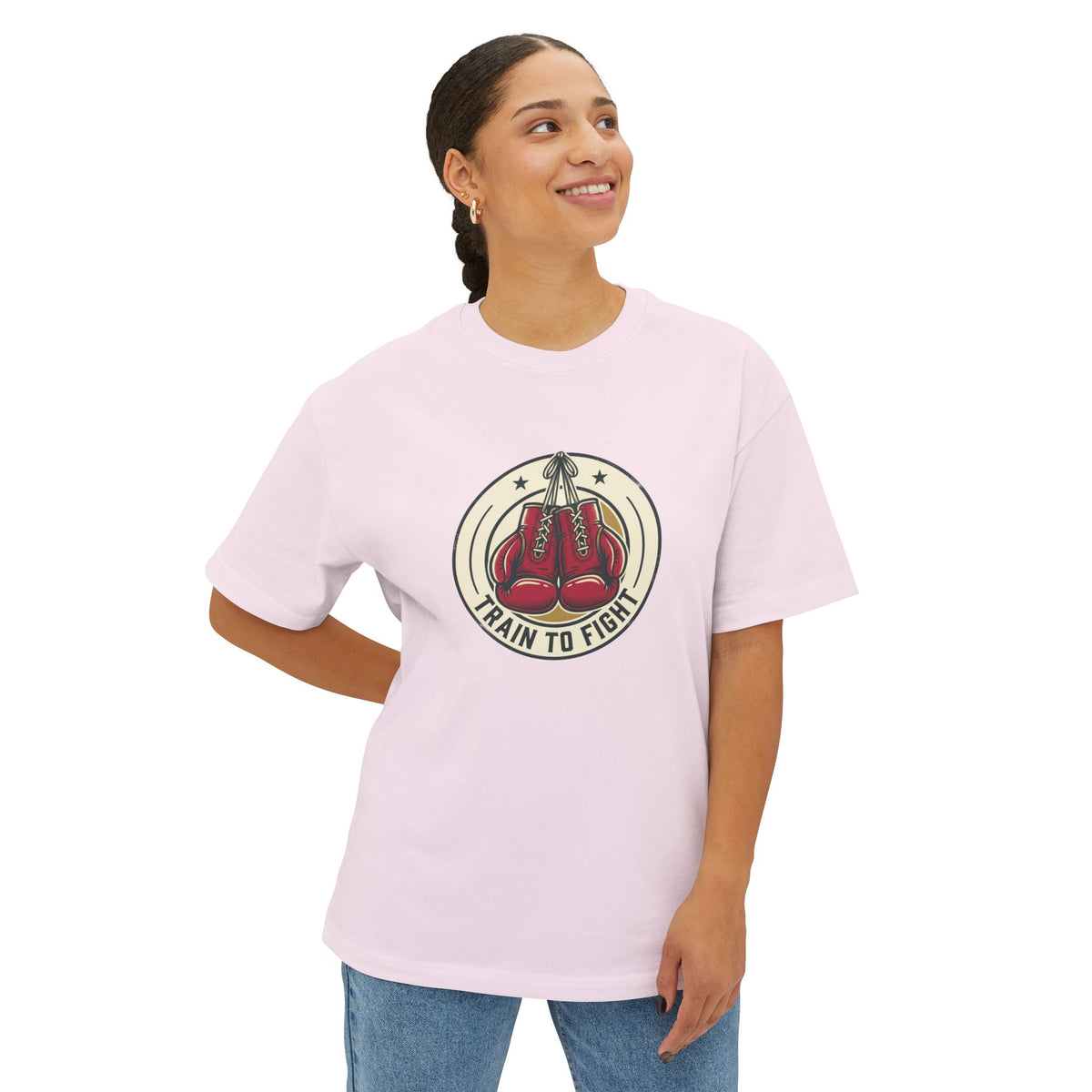 Train to Fight Graphic Tee — Boxing Gloves Badge & Rifle Heart Back Print