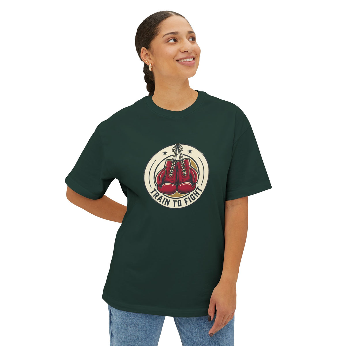 Train to Fight Graphic Tee — Boxing Gloves Badge & Rifle Heart Back Print