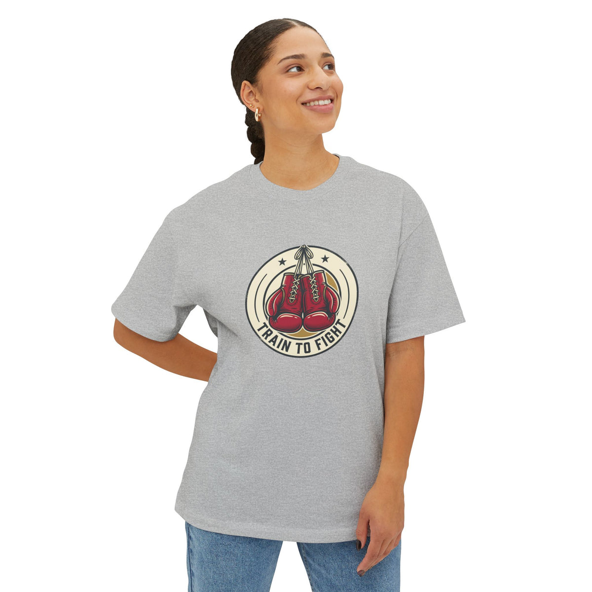Train to Fight Graphic Tee — Boxing Gloves Badge & Rifle Heart Back Print