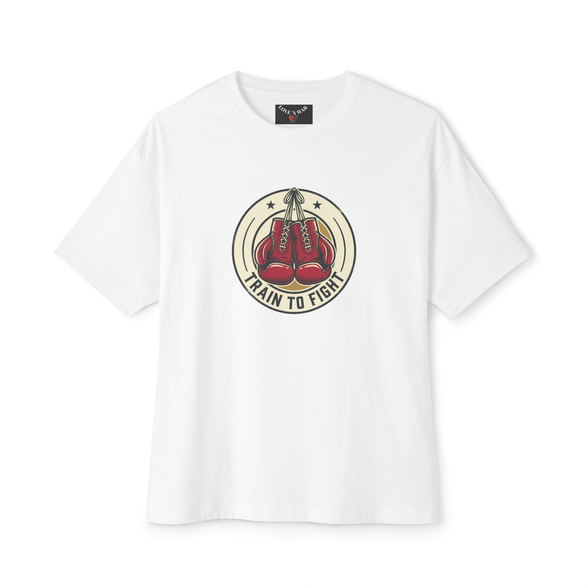 Train to Fight Graphic Tee — Boxing Gloves Badge & Rifle Heart Back Print