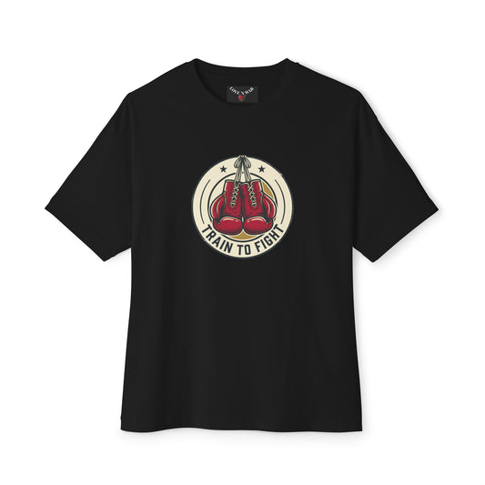 Train to Fight Graphic Tee — Boxing Gloves Badge & Rifle Heart Back Print
