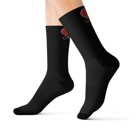 Black Sublimation Socks with Red Broken Heart & Dagger Design — Trendy Gothic Crew Socks