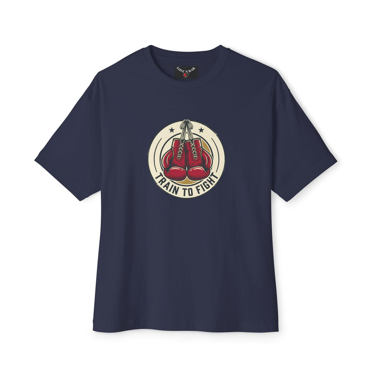 Train to Fight Graphic Tee — Boxing Gloves Badge & Rifle Heart Back Print