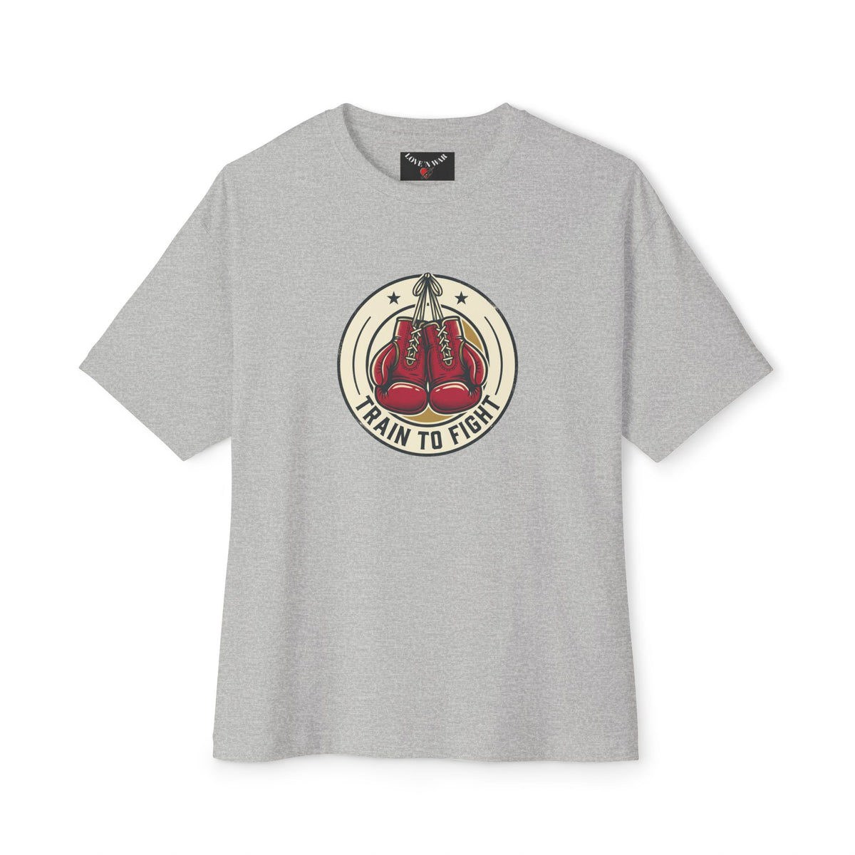 Train to Fight Graphic Tee — Boxing Gloves Badge & Rifle Heart Back Print