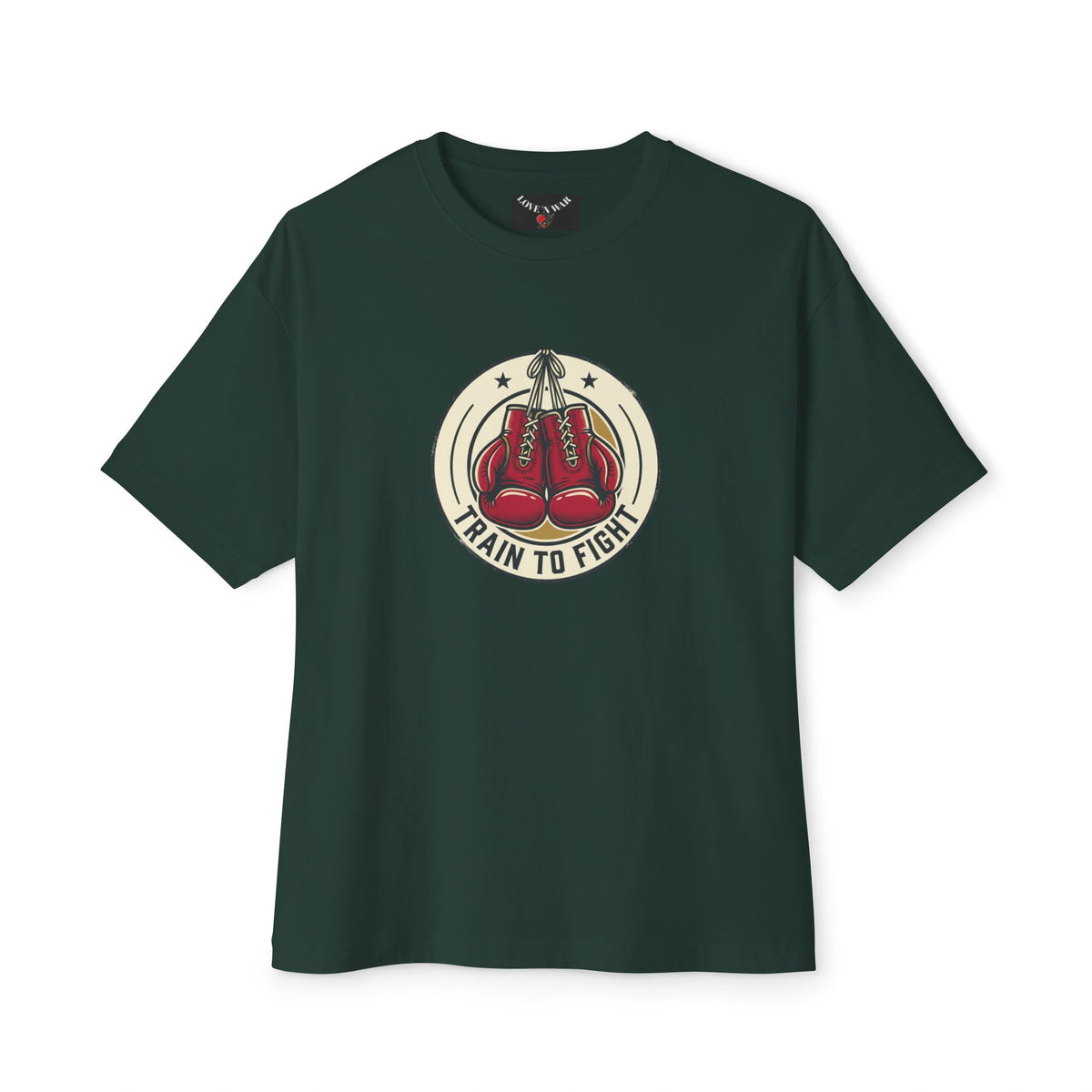 Train to Fight Graphic Tee — Boxing Gloves Badge & Rifle Heart Back Print