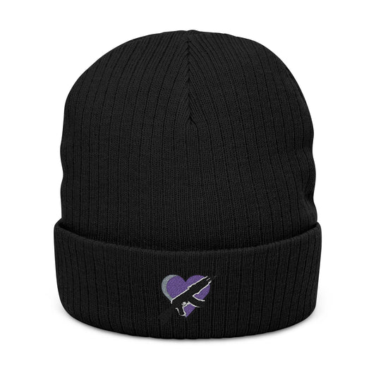 Embroidered Purple Heart & Arrow Ribbed Beanie — Cozy Knit Winter Hat