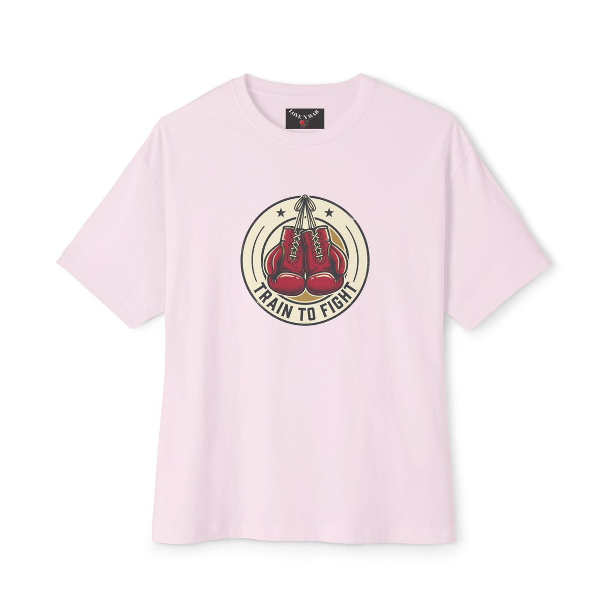 Train to Fight Graphic Tee — Boxing Gloves Badge & Rifle Heart Back Print