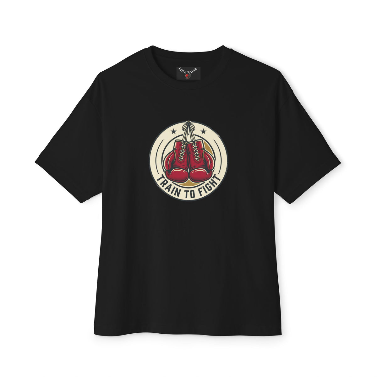 Train to Fight Graphic Tee — Boxing Gloves Badge & Rifle Heart Back Print