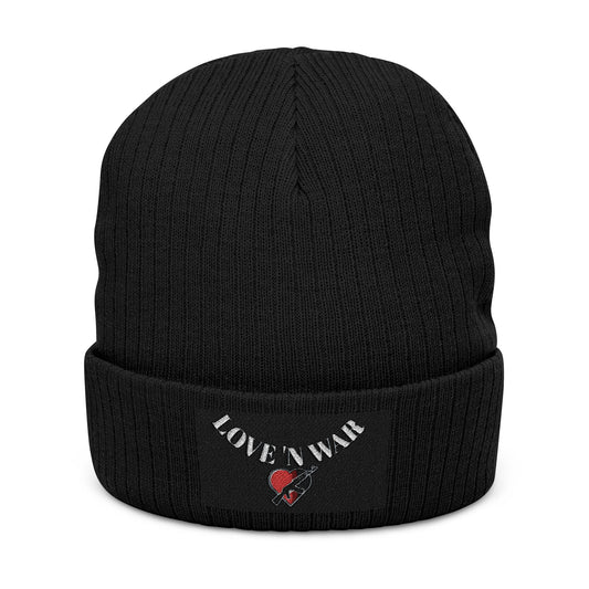 Embroidered 'Love N War' Ribbed Beanie - Black Knit Winter Hat with Heart Patch